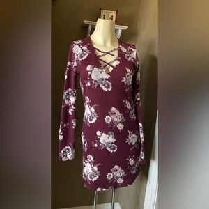 Rue 21, Women's Burgundy Long Sleeve, Floral Mini Dress, Size M